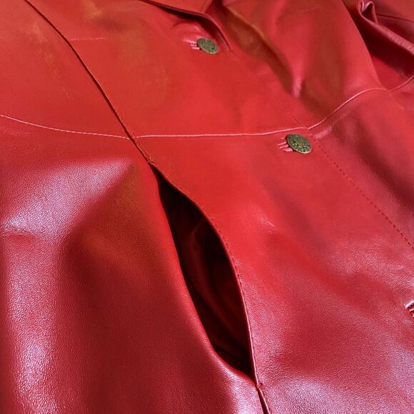 JCCOLLECTION Leather Coat German Half Trench Lined Notched Lapel Womens M Red - Picture 13 of 15